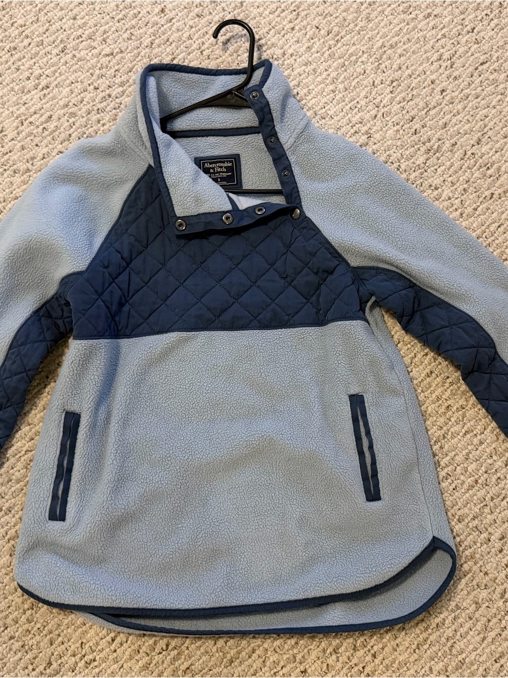 Abercrombie & Fitch Light Blue Fleece Pullover with Navy Quilted Panels